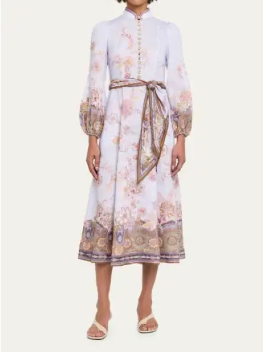 Zimmermann Lilac Floral-Print Long-Sleeve Midi Dress with Self-Tie Belt - Picture 4 of 12